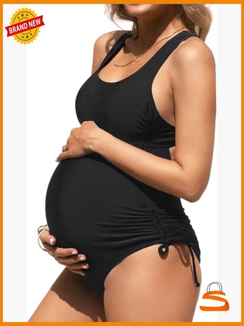 Maternity One Piece Swimsuit Crisscross Back Strappy Side Square Neck